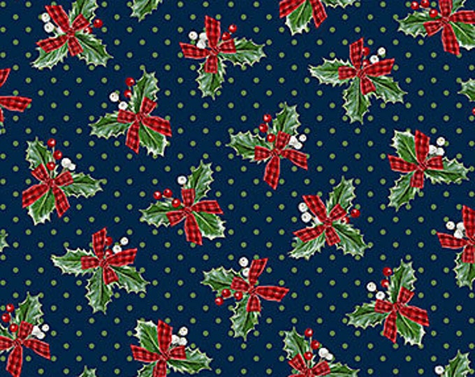 Christmas Traditions Navy Multi Mini Holly Yardage, Deborah Edwards, Northcott Fabrics, Cotton Quilt Fabric, Christmas Fabric