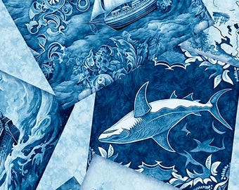 Ocean Blues Nautical Motif Overlapping Patches Fabric Yardage, Morris Creative Group, QT Fabrics, Cotton Quilt Fabric Yardage