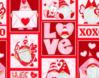 Gnomie Love Red/Pink Gnome Patchwork Fabric Yardage, Shelly Comisky, Henry Glass, Cotton Quilt Fabric, Gnome Fabric