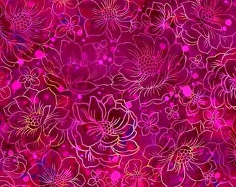 Fantasia Flower Outlines Burgundy Fabric Yardage, Oasis Fabrics, Cotton Quilt Fabric, Floral Fabric