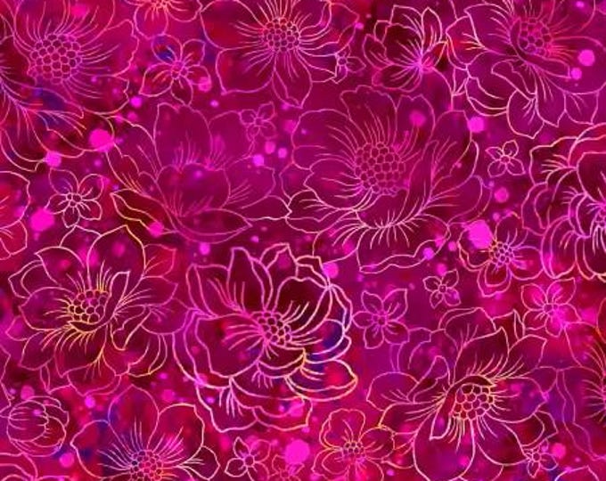 Fantasia Flower Outlines Burgundy Fabric Yardage, Oasis Fabrics, Cotton Quilt Fabric, Floral Fabric