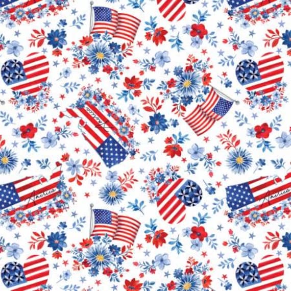 Faith, Family, Freedom America the Beautiful White Fabric Yardage, Nicole DeCamp, Benartex, Cotton Quilt Fabric, Patriotic Fabric