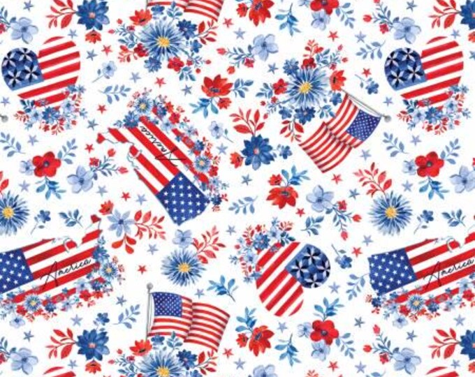 Faith, Family, Freedom America the Beautiful White Fabric Yardage, Nicole DeCamp, Benartex, Cotton Quilt Fabric, Patriotic Fabric