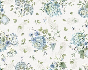 Bohemian Blue Cream Tossed Bouquets Fabric Yardage, Lisa Audit, Wilmington Prints, Cotton Quilt Fabric, Floral Fabric