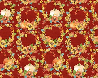 Autumn Blessings Red Autumn Wreaths Fabric Yardage, Silas M. Studio, Blank Quilting, Cotton Quilt Fabric, Autumn Fabric