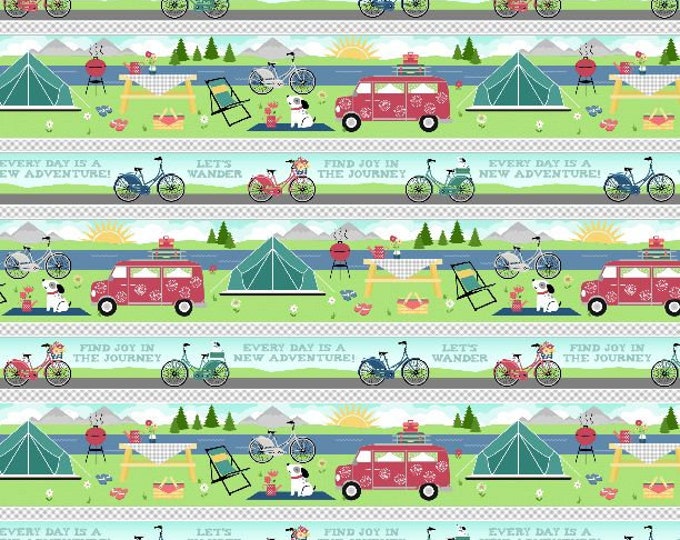 Adventure Time Multi Repeating Stripe Cotton Quilting Fabric, Camping Fabric, Anne Rowan, Wilmington Print.