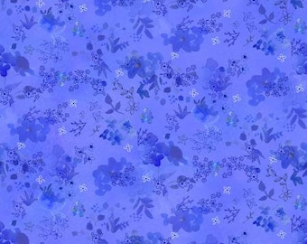 Blue Meadow Light Royal Blue Digital Flower Fabric Yardage, Clothworks, Sue Zipkin, Cotton Quilt Fabric