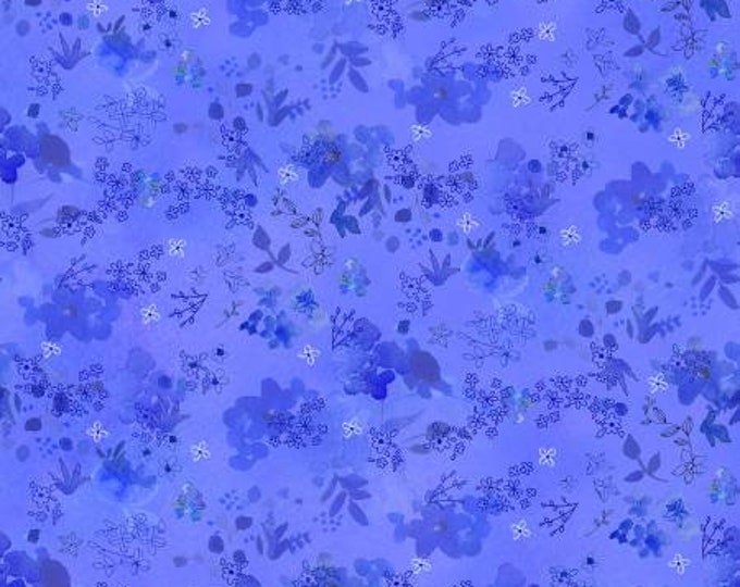 Blue Meadow Light Royal Blue Digital Flower Fabric Yardage, Clothworks, Sue Zipkin, Cotton Quilt Fabric