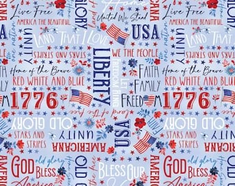 Remnant 1-1/2 Yards Faith, Family, Freedom Words of Glory Blue Patriotic Fabric Yardage, Nicole DeCamp, Benartex, Cotton Quilt Fabric