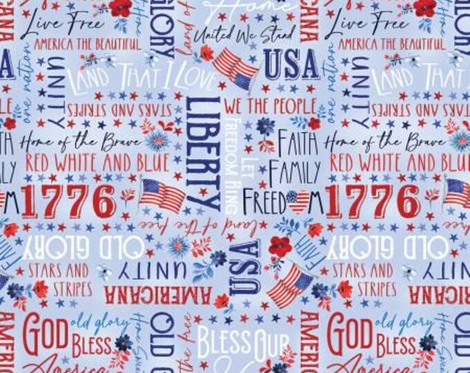 Faith, Family, Freedom Words of Glory Blue Patriotic Fabric Yardage, Nicole DeCamp, Benartex, Cotton Quilt Fabric, Patriotic Fabric