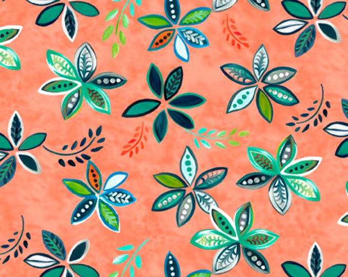 Remnant 3/4-Yard Enchanted Garden Peaceful Flowers Peach Fabric Yardage, Donna Robertson, Quilting Treasures, Cotton Quilting Fabric