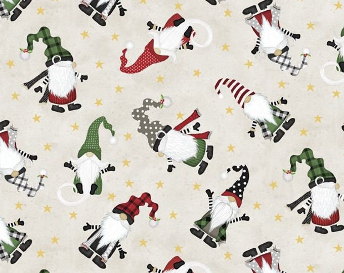 Gnomantics Gnome Toss Light Gray Fabric Yardage, Jennifer Pugh, Wilmington Prints, Cotton Quilt Fabric, Christmas Gnome Fabric