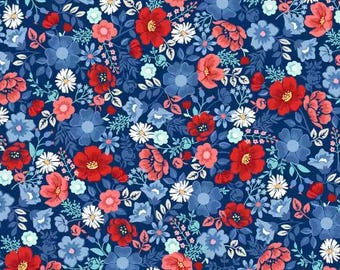 Star Spangled Beauty Navy Flowers Parade Fabric Yardage, Kimberbell Designs, Maywood Studio, Cotton Quilt Fabric, Floral Fabric
