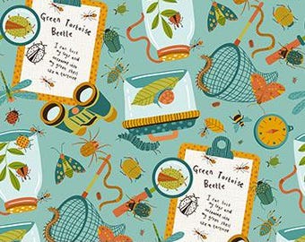 Backyard Bug Collector Turquoise Multi Bug Clipboard Fabric Yardage, Deborah Edwards, Northcott Fabrics, Cotton Quilt Fabric