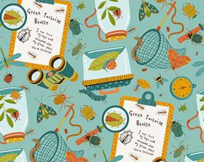 Backyard Bug Collector Turquoise Multi Bug Clipboard Fabric Yardage, Deborah Edwards, Northcott Fabrics, Cotton Quilt Fabric