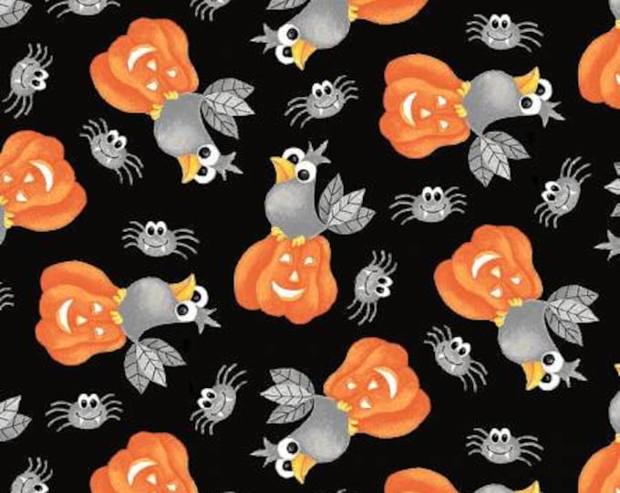 Boo! Black Tossed Bird on Pumpkin Glow in the Dark Fabric Yardage, Henry Glass, Cotton Quilt Fabric, Halloween Fabric