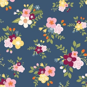 残り 1-1/3 ヤード Bloom and Grow メイン ネイビー ファブリック ヤード、シンプル Simon and Company、Riley Blake Designs、コットン キルト ファブリック