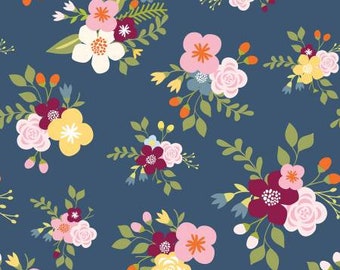 Remnant 1-1/3 Yards Bloom and Grow Main Navy Fabric Yardage, Simple Simon and Company, Riley Blake Designs, Cotton Quilt Fabric