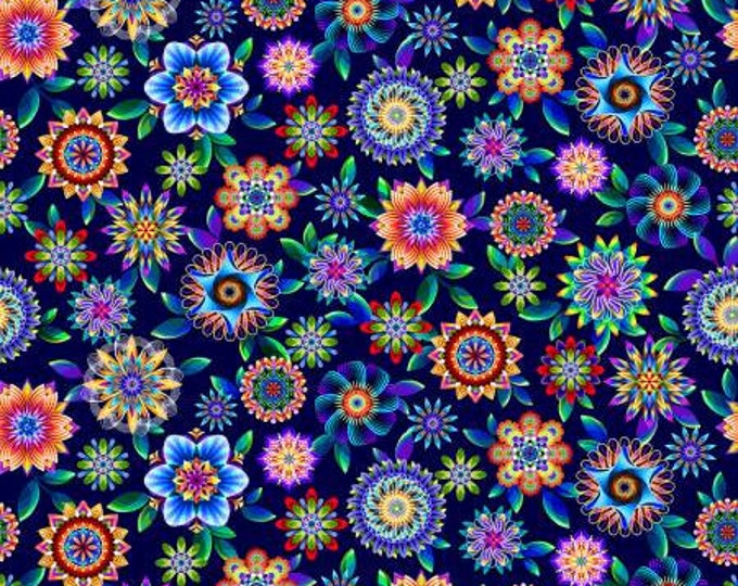 Fractal Flowers Indigo Flower Allover Fabric Yardage, Art Loft, Studio E, Cotton Quilt Fabric, Geometric Fabric