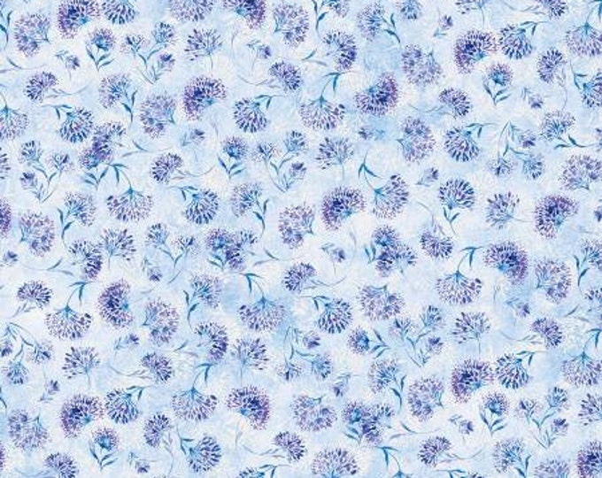 Shimmering Twilight Light Blue Twilight Dandelion with Pearl Essence Fabric Yardage, KANVAS Fabrics, Benartex, Cotton Quilt Fabric