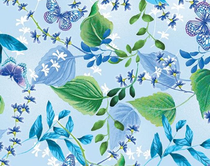 Butterfly Bliss Butterfly Meadow Light Blue Fabric Yardage, KANVAS Studio, Benartex, Cotton Quilt Fabric, Floral Fabric