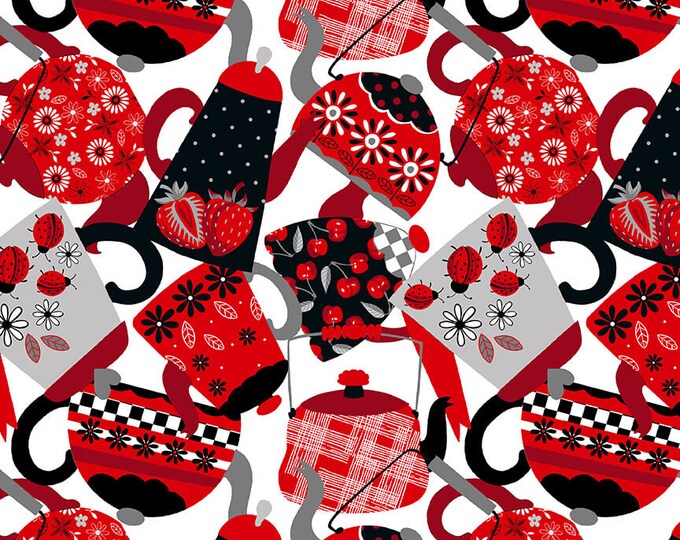 Remnant 1-1/2 Yards Let's Partea White Tossed Teapots Fabric Yardage, Satin Moon Designs,  Cotton Quilt Fabric