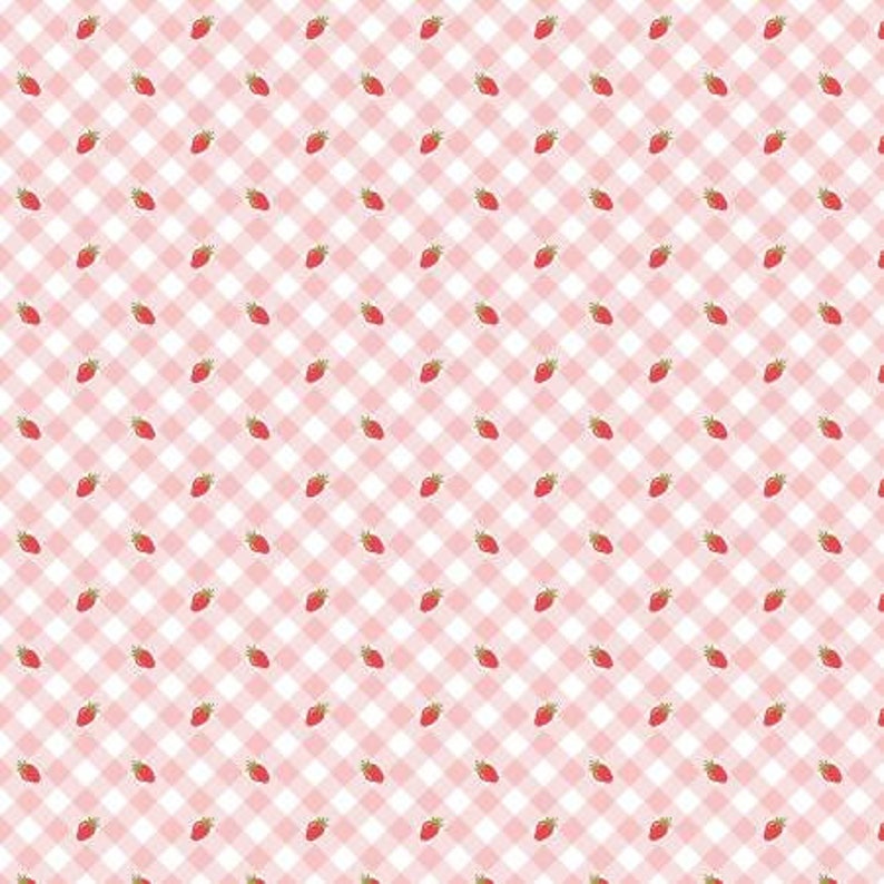 May include: A pink and white gingham pattern with small red strawberries scattered throughout.