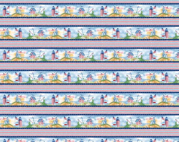 Shoreline Stories Royal Border Stripe Fabric Yardage, Lisabelle Art Studio, Blank Quilting, Cotton Quilt Fabric, Patriotic Fabric