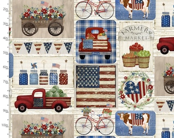 Remnant 3/4-Yards Hometown America Beige Patch Fabric Yardage, 3 Wishes Fabric, Beth Albert, Cotton Quilt Fabric, Patriotic Fabric