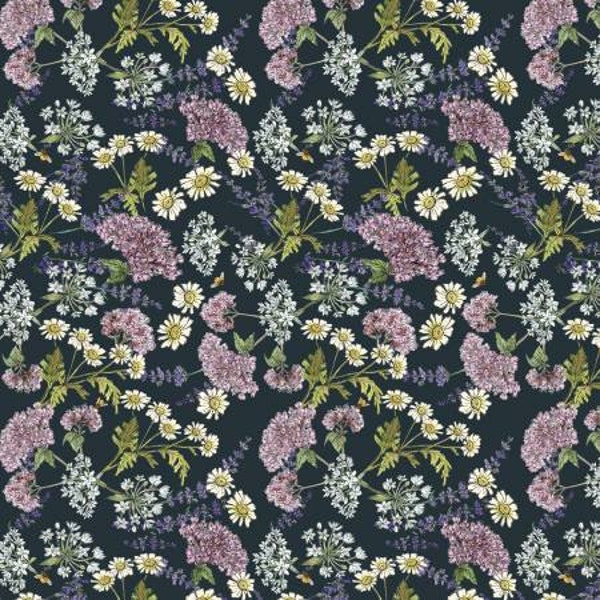 Secret Garden Ink Blooms Floral Fabric Yardage, Hockney & Co, Windham Fabrics, Cotton Quilt Fabric, Floral Fabric