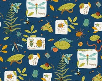 Backyard Bug Collector Navy Multi Bug Collection Fabric Yardage, Deborah Edwards, Northcott Fabrics, Cotton Quilt Fabric