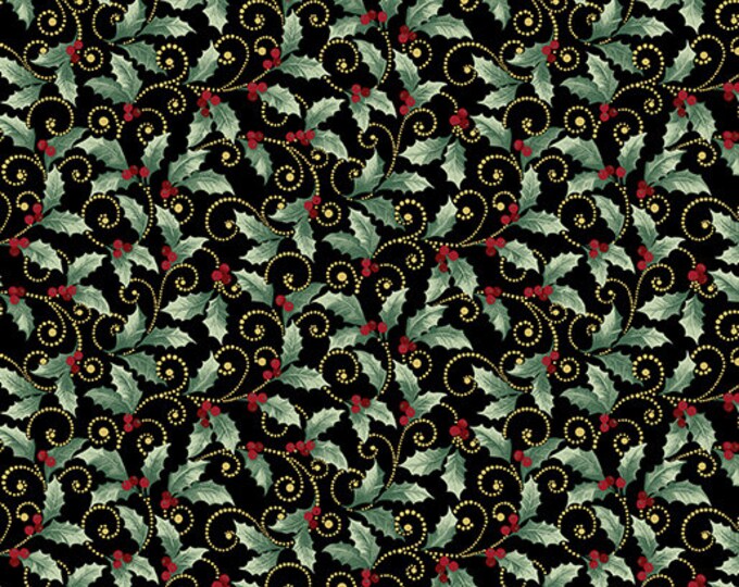 Remnant 3/4-Yard Festive Medley Holly and Scroll Black w/Metallic Fabric Yardage, Benartex, Jackie Robinson, Cotton Quilting Fabric