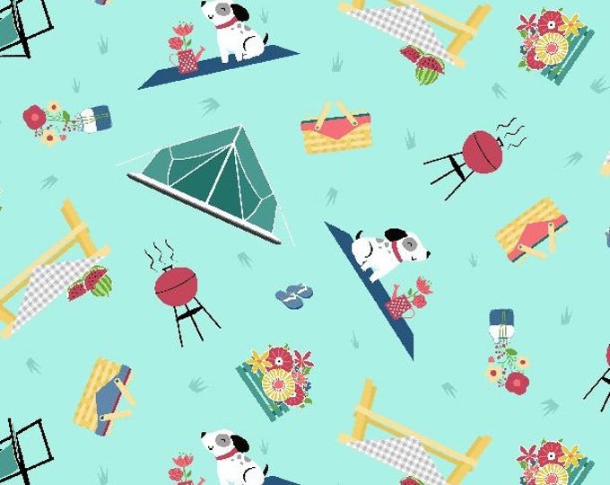 Adventure Time Camping Toss Teal  Cotton Quilting Fabric, Camping Fabric, Anne Rowan, Wilmington Print.