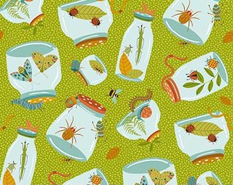 Backyard Bug Collector Olive Multi Bug Jars Fabric Yardage, Deborah Edwards, Northcott Fabrics, Cotton Quilt Fabric