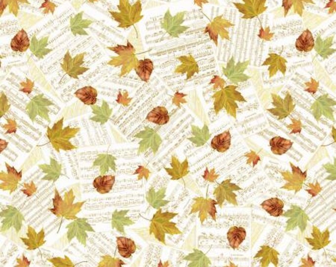 Autumn Symphony Cream Falling Autumn Leaves on Music Notes with Gold Metallic Fabric Yardage, Timeless Treasures, Cotton Quilting Fabric