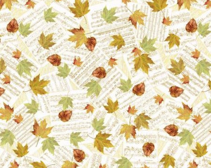 Autumn Symphony Cream Falling Autumn Leaves on Music Notes with Gold Metallic Fabric Yardage, Timeless Treasures, Cotton Quilting Fabric