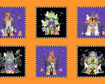 May include: A purple and black fabric panel with six squares featuring a Halloween theme. Each square has a spooky house with ghosts, bats, and pumpkins. The background is orange.
