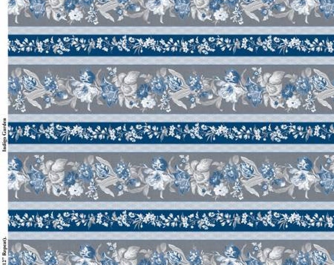 Remnant 3/4-Yards Indigo Garden Multi Repeating Stripe Fabric Yardage, Kaye England, Wilmington Prints, Cotton Quilting Fabric, Floral