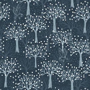 Secret Winter Garden Owl Orchard on Dark Blue with Pearl Element Fabric Yardage, Lewis & Irene Fabrics, Cotton Quilt Fabric