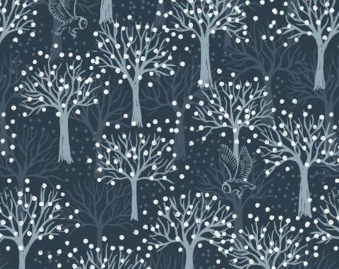 Secret Winter Garden Owl Orchard on Dark Blue with Pearl Element Fabric Yardage, Lewis & Irene Fabrics, Cotton Quilt Fabric
