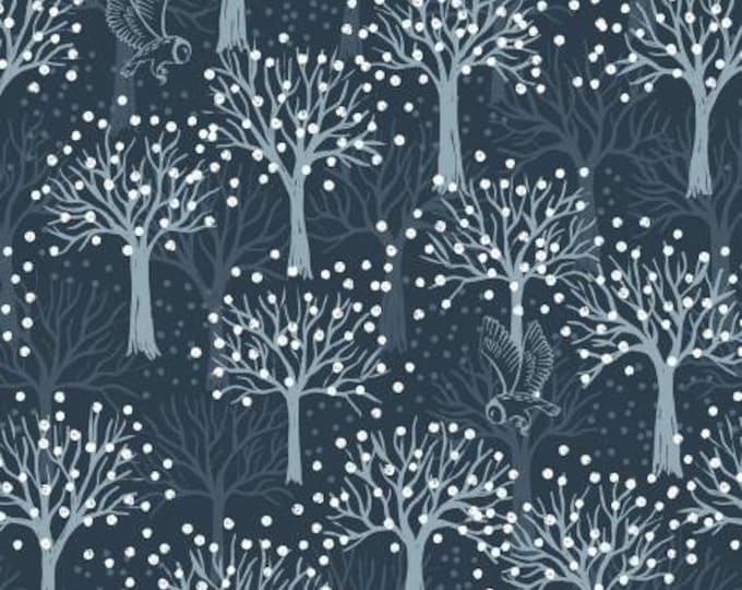 Secret Winter Garden Owl Orchard on Dark Blue with Pearl Element Fabric Yardage, Lewis & Irene Fabrics, Cotton Quilt Fabric