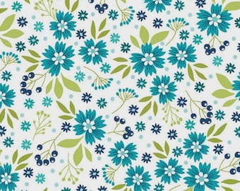 Among the Wildflowers 2 Poppies Aqua Fabric Yardage, Shelley Cavanna, Benartex, Cotton Quilt Fabric, Floral Fabric
