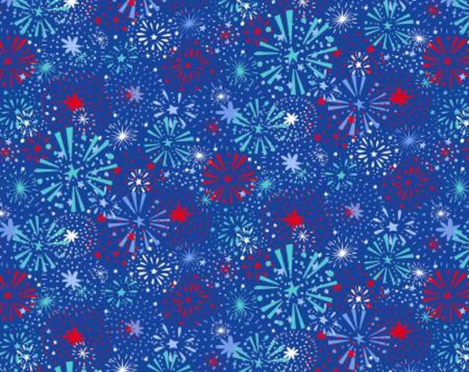 Remnant 1-1/2 Yards Great American Summer Royal Fireworks Burst on White Fabric Yardage, Emily Dumas, Henry Glass, Cotton Quilt Fabric