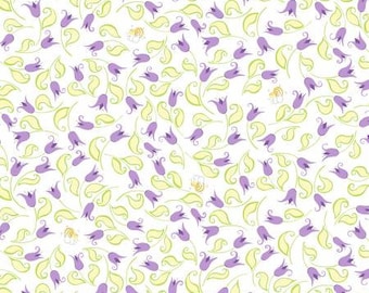 White Bird's Buddies Aubergine Mini Tulips & Bees Fabric Yardage, Susybee Collection, Susybee, Cotton Quilt Fabric, Bird Fabric
