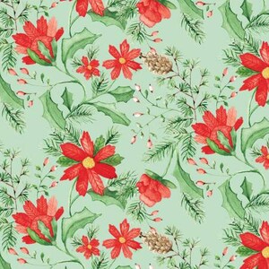 Puede incluir: Un patrón sin costuras con flores de poinsettia rojas, hojas verdes y ramas de pino sobre un fondo verde claro. El patrón es perfecto para manualidades y proyectos navideños.