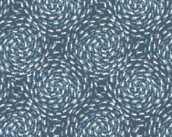 Ocean Pearls Fish Swirls on Deep Seas with Pearl Fabric Yardage, Lewis & Irene, Cotton Quilt Fabric, Ocean Fabric