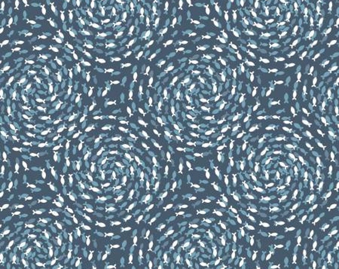 Ocean Pearls Fish Swirls on Deep Seas with Pearl Fabric Yardage, Lewis & Irene, Cotton Quilt Fabric, Ocean Fabric