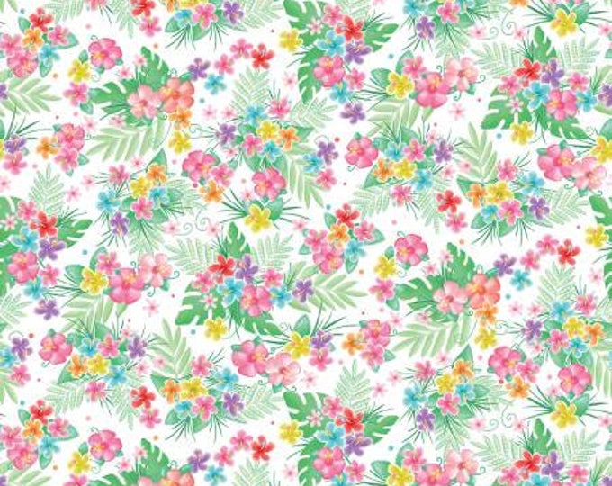 Flamingal Pals Scenic Tropical Flowers White Yardage, Andi Metz, KANVAS by Benartex, Cotton Quilt Fabric, Flamingo Fabric