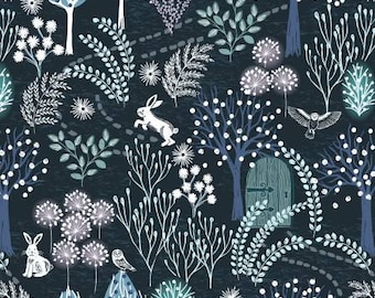 Secret Winter Garden on Midnight Blue with Pearl Elements Fabric Yardage, Lewis & Irene Fabrics, Cotton Quilt Fabric
