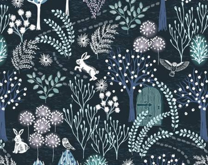 Secret Winter Garden on Midnight Blue with Pearl Elements Fabric Yardage, Lewis & Irene Fabrics, Cotton Quilt Fabric